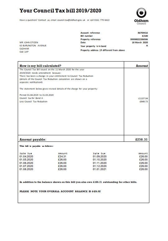 United Kingdom Oldham council tax bill template in Word and PDF format